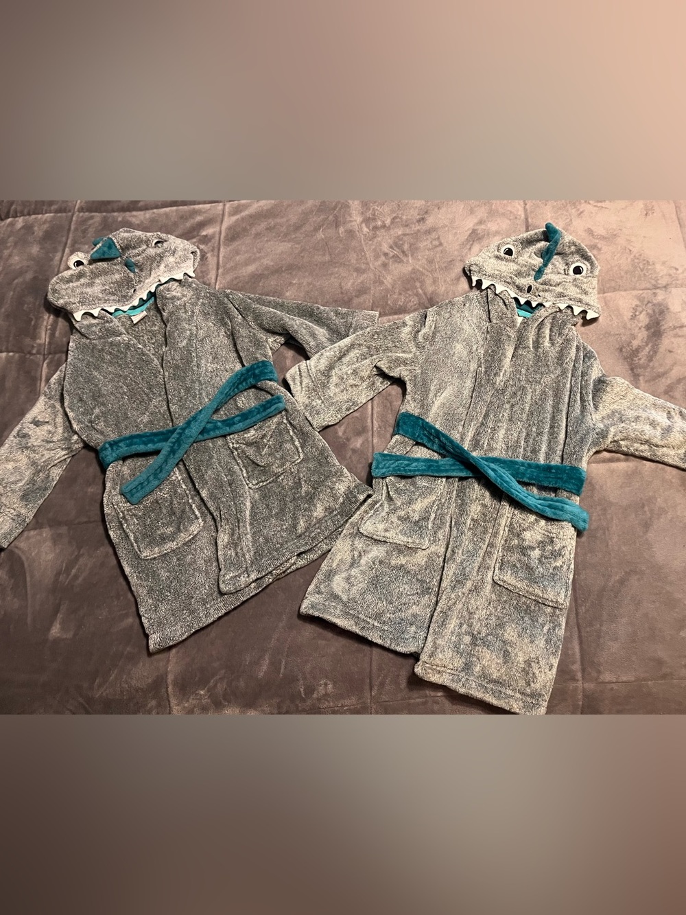 2 Kids Shark Hooded Bathrobes with Teal Belt - size 4/5